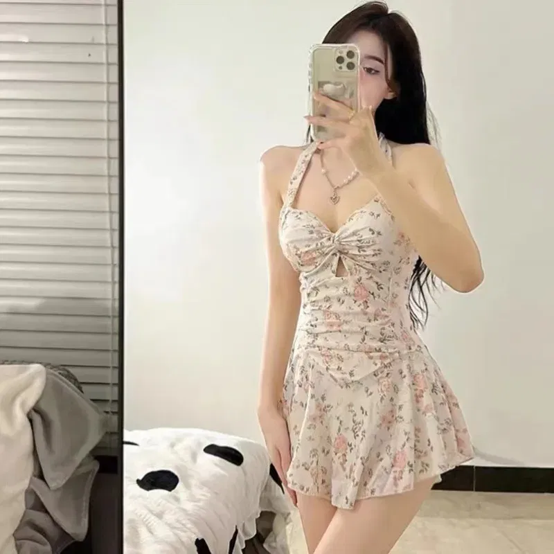 Color: GRAY, Size: M - Women Korean Sexy One Piece Swimsuit Tummy Control Slimming High Waisted Bathing Suit Hot Spring Beachwear Elegant Swimsuit
