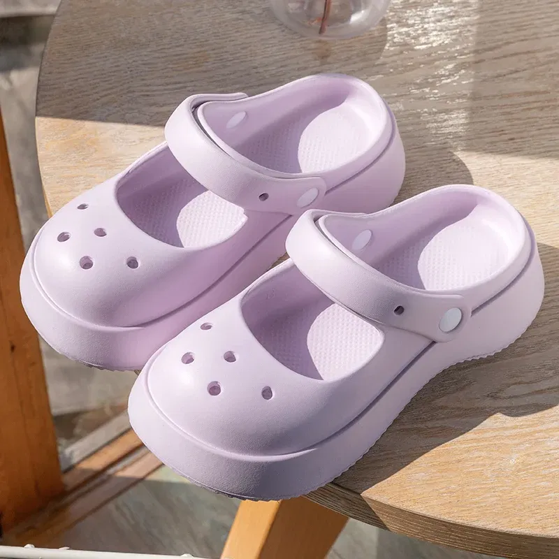 Color: PURPLE, Shoe Size: 37 - Summer Women Slippers Fashion Thick Bottom Hole Shoes EVA Slippers Anti Slip Baotou Slippers Outdoor Beach Sandals Slippers
