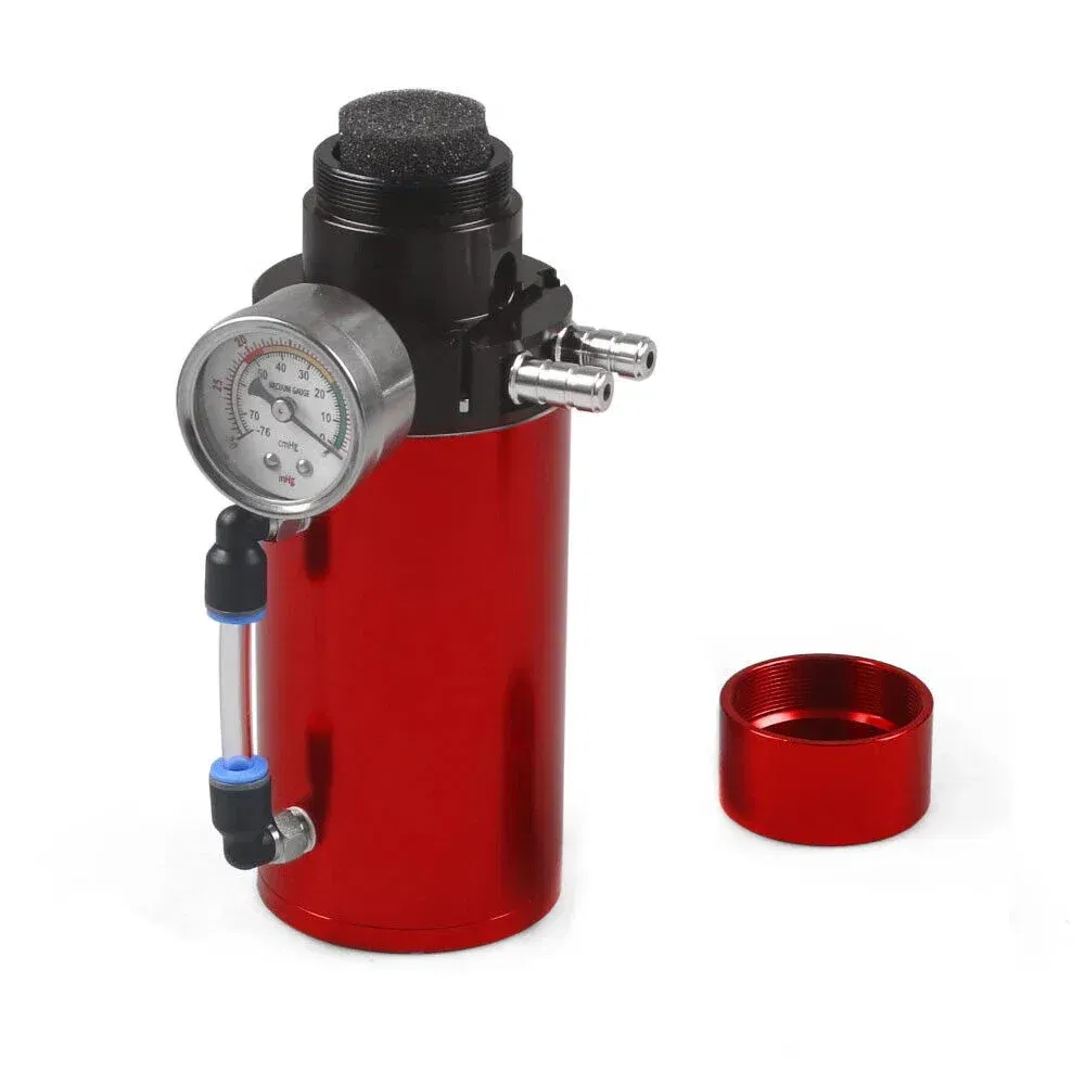 Color: Black - Aluminum Engine Oil Catch Tank Reservoir Breather Can + Vacuum Gauge + Hose Blue/Red/Silver/Black