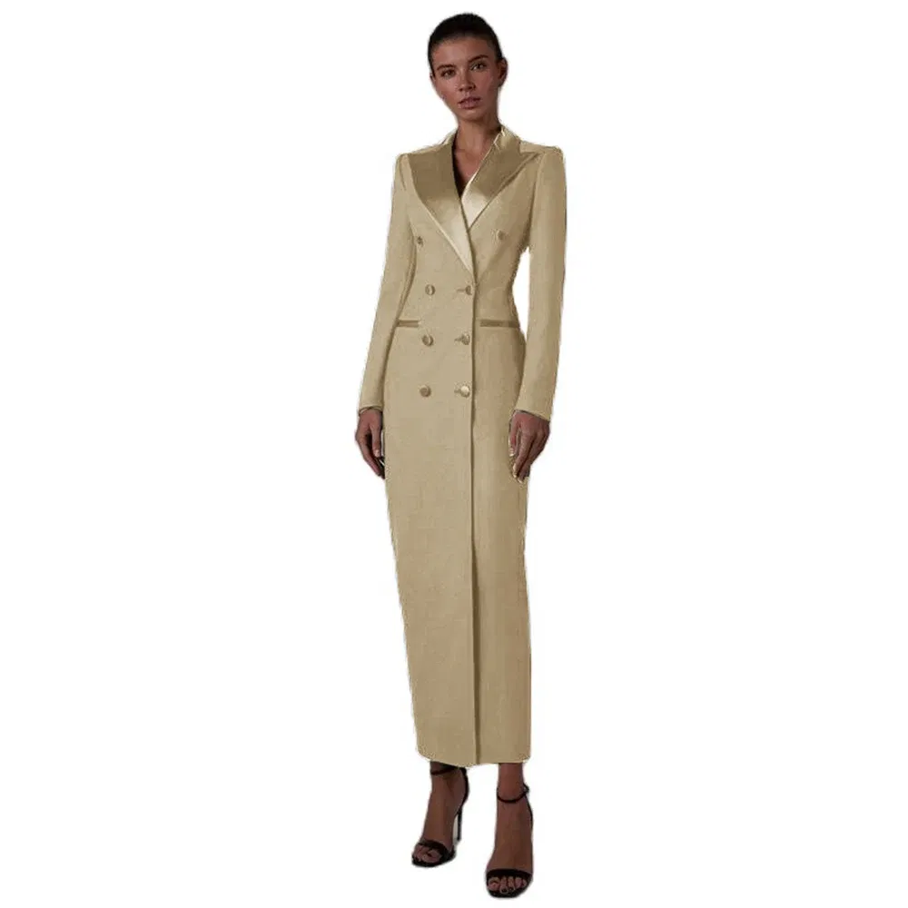 Color: Khaki, Size: L - Women's Suit Long Jacket One Piece Blazer Double Breasted Formal Tuxedo Party Dress кос?‚юм ?¶?µнский