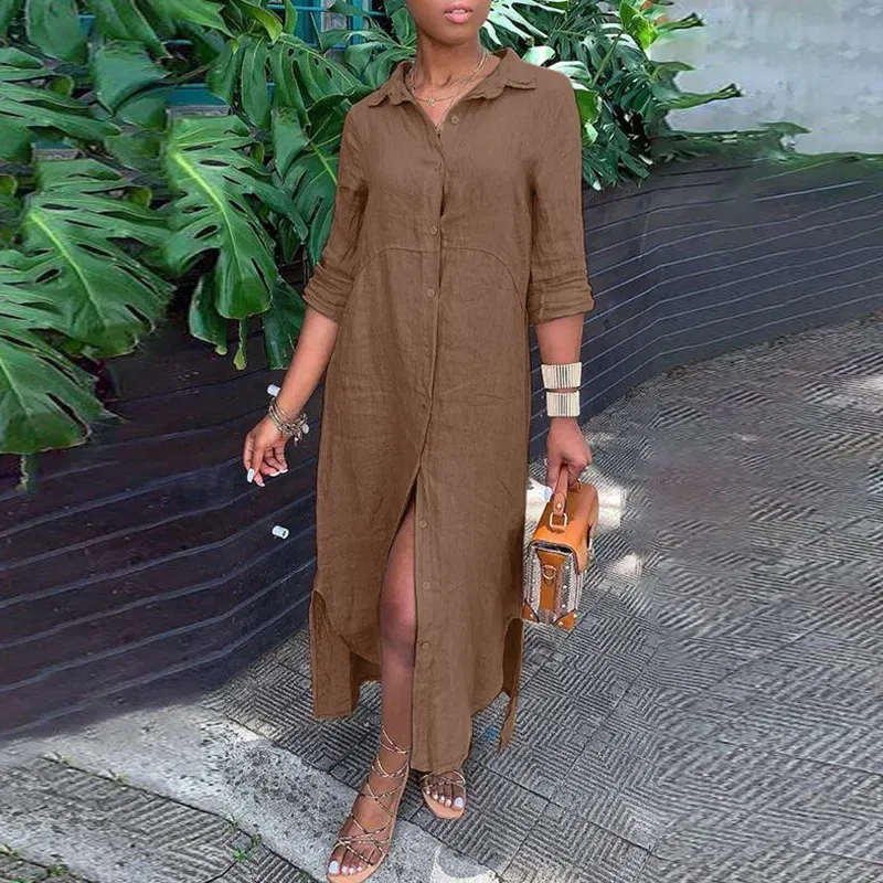 Color: black, Size: XXL - Long Shirt Dress Women Autumn Cotton Linen Leisure Turn Down Collar Maxi Dresses Female Elegant Loose Beach Spring Vestidos