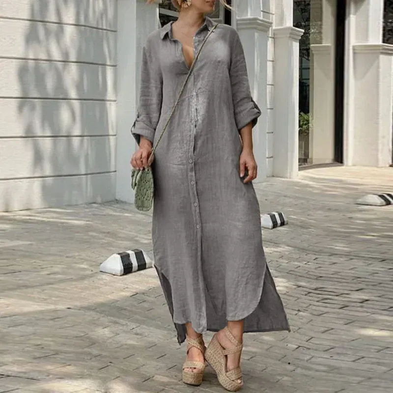 Color: black, Size: XXL - Long Shirt Dress Women Autumn Cotton Linen Leisure Turn Down Collar Maxi Dresses Female Elegant Loose Beach Spring Vestidos