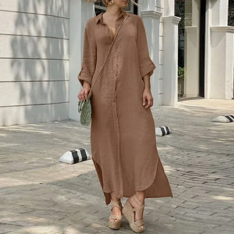 Color: black, Size: XXL - Long Shirt Dress Women Autumn Cotton Linen Leisure Turn Down Collar Maxi Dresses Female Elegant Loose Beach Spring Vestidos
