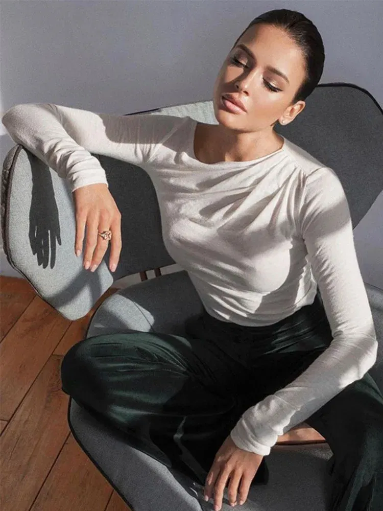 Color: WHITE, Size: M - Long Sleeve Top White T-Shirts Women Basic Crop Top Autumn Pollover Solid Skew Neck T Shirt Streetwear Basic Black Y2K Tees