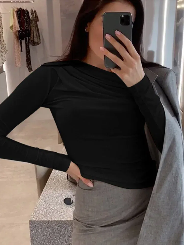 Color: WHITE, Size: M - Long Sleeve Top White T-Shirts Women Basic Crop Top Autumn Pollover Solid Skew Neck T Shirt Streetwear Basic Black Y2K Tees
