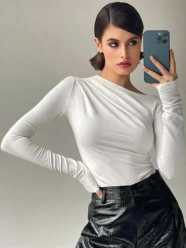 Color: WHITE, Size: M - Long Sleeve Top White T-Shirts Women Basic Crop Top Autumn Pollover Solid Skew Neck T Shirt Streetwear Basic Black Y2K Tees