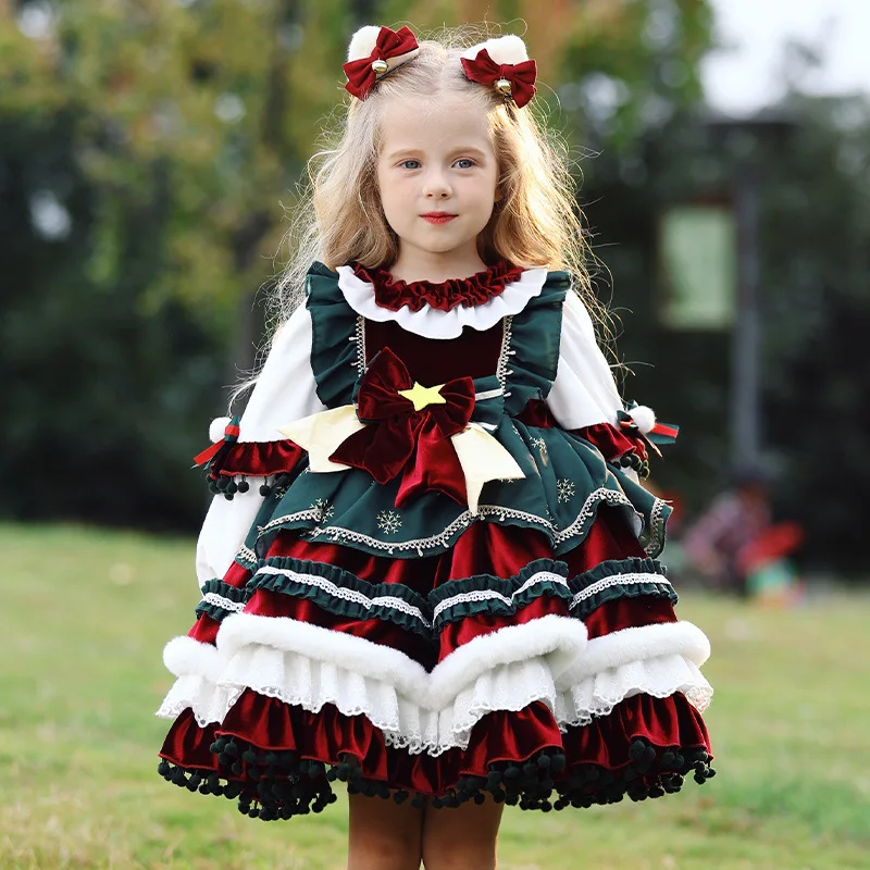 Color: Brown, Kid Size: 6T - New Autumn Winter High-End Baby Girls Velvet Lolita Princess Ball Gown Children Cute Bow Design Birthday Party Dress y1058