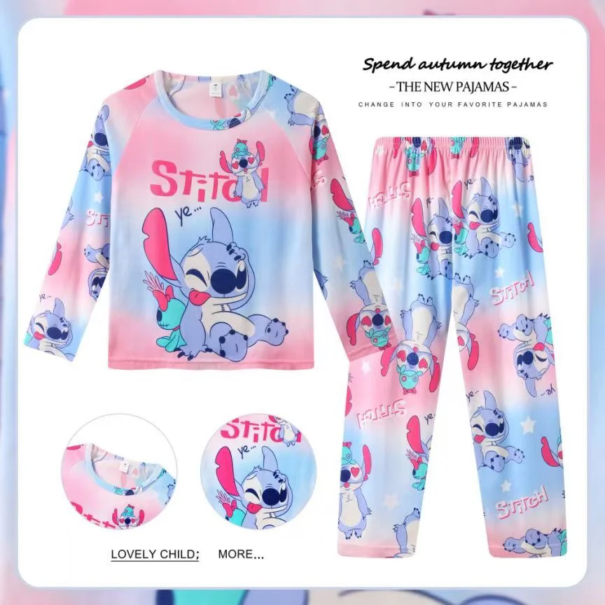 Color: Brown, Kid Size: 18m - 2pcs/set New Disney Stitch Children Pyjamas for Boys and Girls Sets Kid Minnie Home Wear Travel Casual Sleepwear Suit Cute Gift