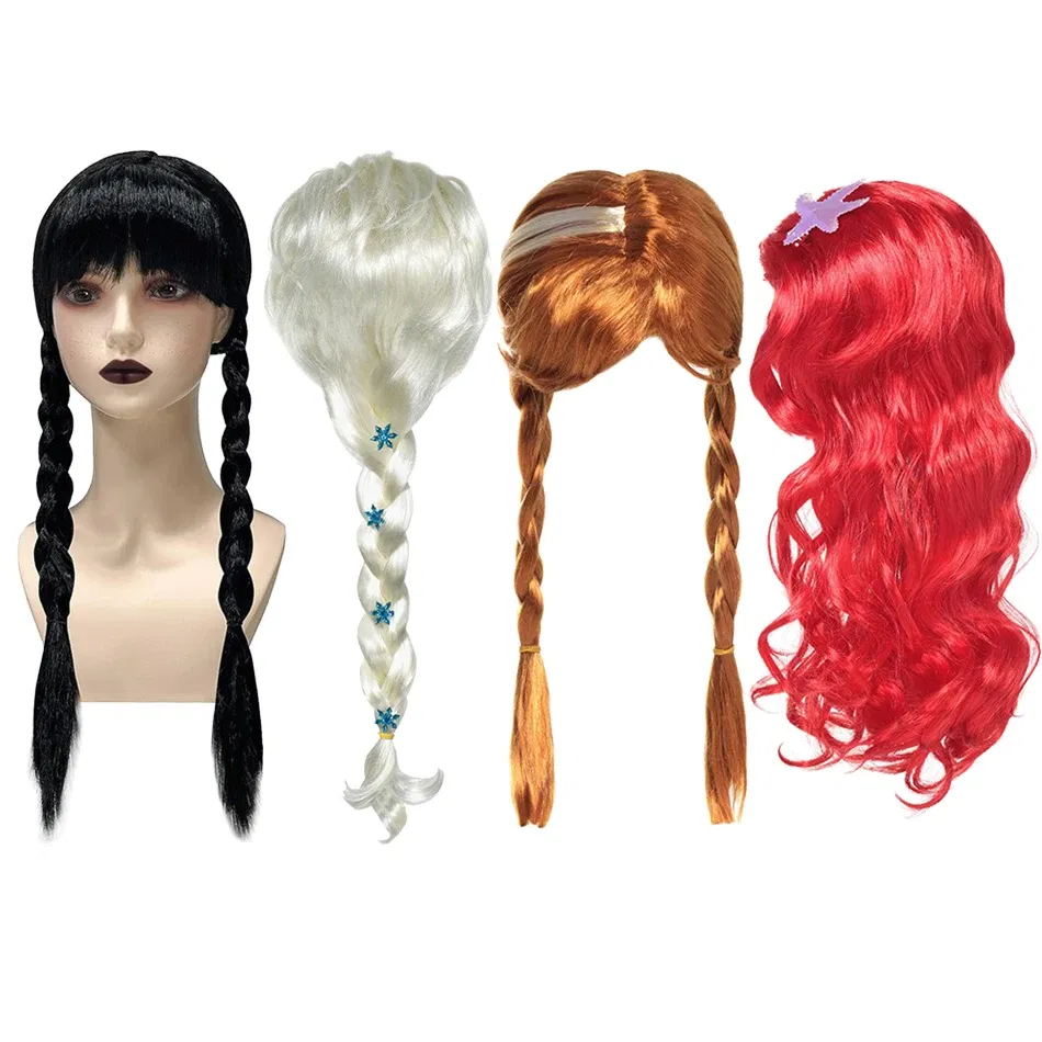 Color: green - Children Wigs Princess Girls Elsa Anna Cosplay Accessories Kids Halloween Barbi Wigs