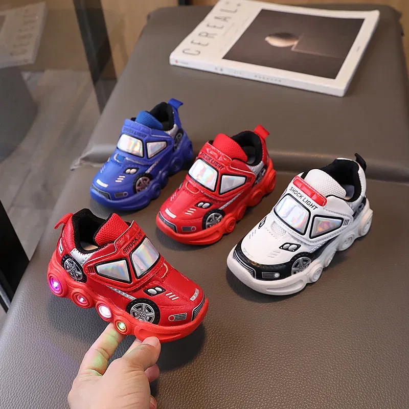 Color: Red, Shoe Size: 26 - Diseny Kids'Casual Shoes Led Light Car Club Cartoon PU Leather Spring Shoes For Children Anti-slip Red Blue Shoes Size 21-30