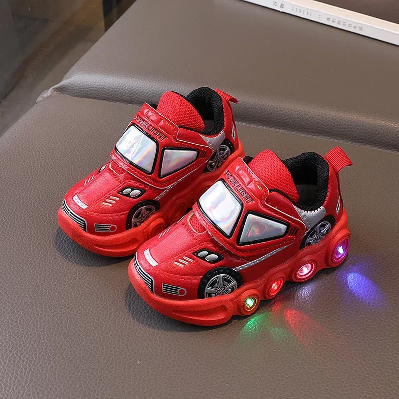 Color: Red, Shoe Size: 26 - Diseny Kids'Casual Shoes Led Light Car Club Cartoon PU Leather Spring Shoes For Children Anti-slip Red Blue Shoes Size 21-30