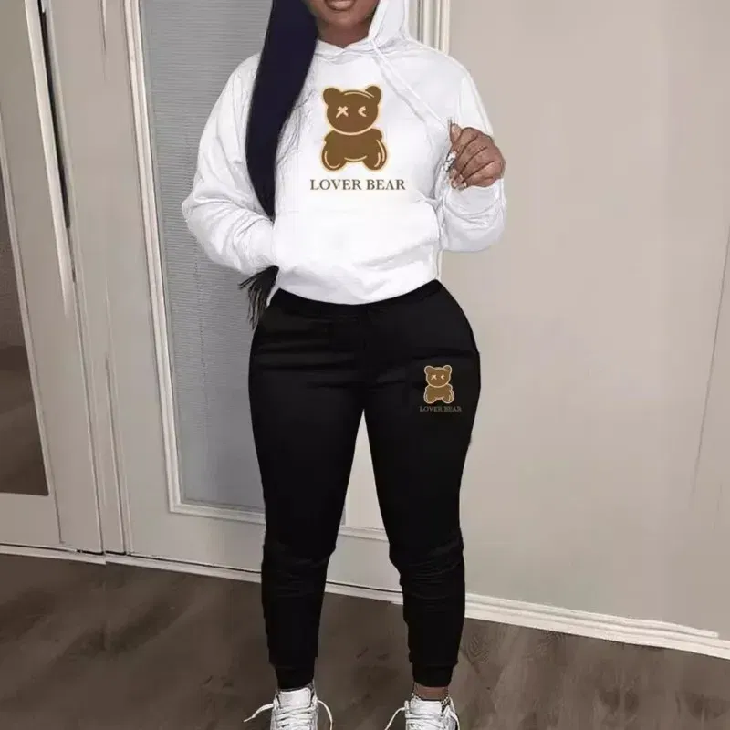 Color: PURPLE, Size: M - 2 Piece Set Women Outfit Letter Bear Print Hooded Neck Hoodies Sweatshirt Pants Tracksuit 2024 Plus Size Streetwear Casual Suit