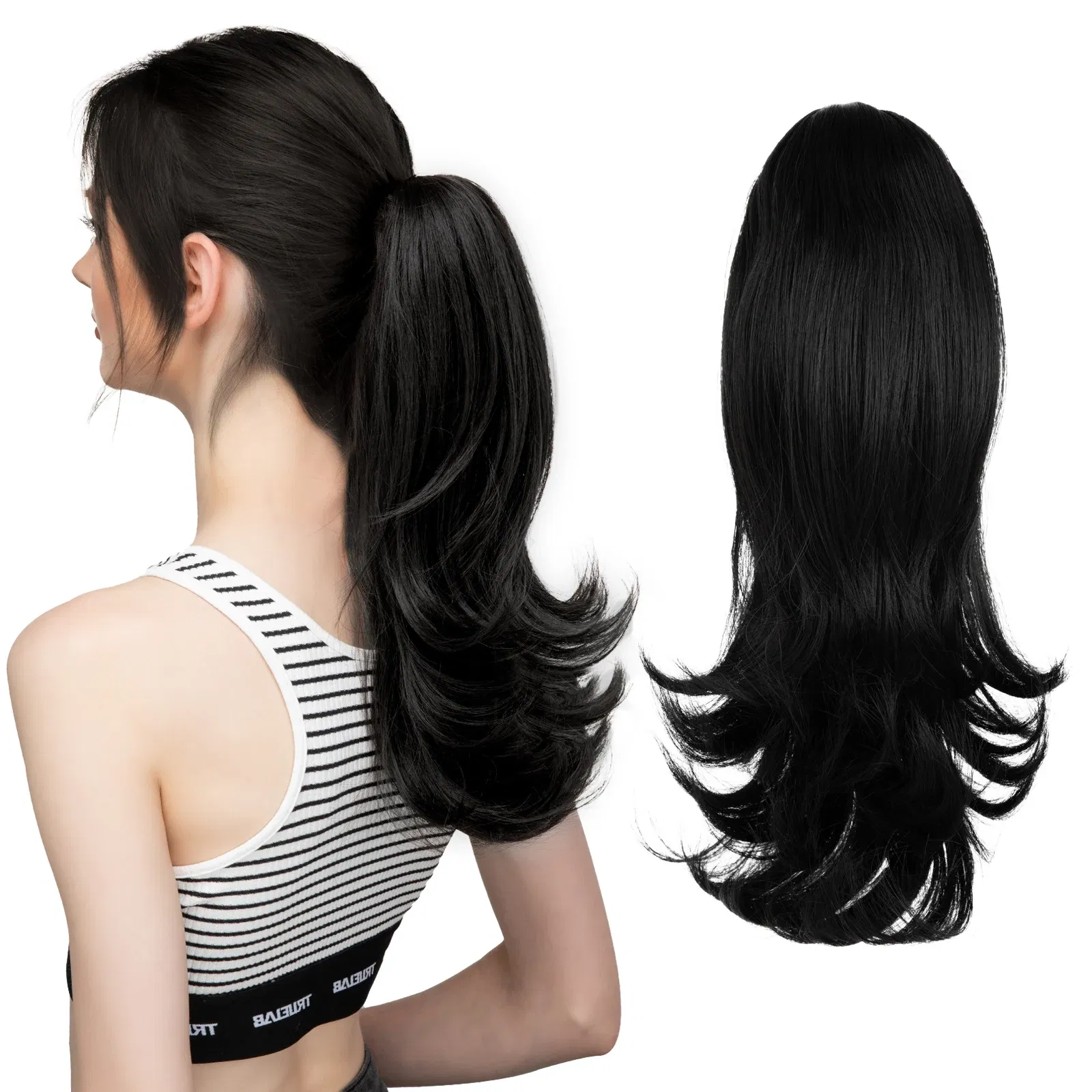 Color: #1B, Bulk Buy: 1pc, Stretched Length: 14inches - Synthetic Claw Clip In Ponytail Hair Extensions Wavy Hairpiece 14" Fake Blonde Black Hair False Pigtail With Elastic Band