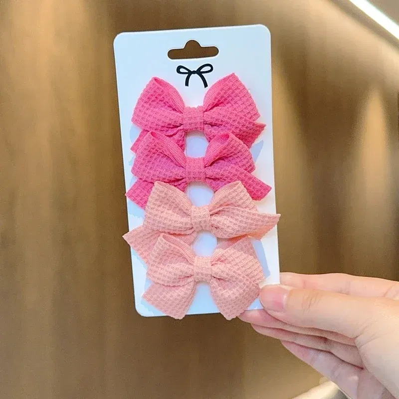 Color: green - 4PCS Soft Cotton Bow Hairpin Girl Sweet Plaid Design Hairpin Color Block Delicate Hairgripe Barrettes Kawaii Child Accessories