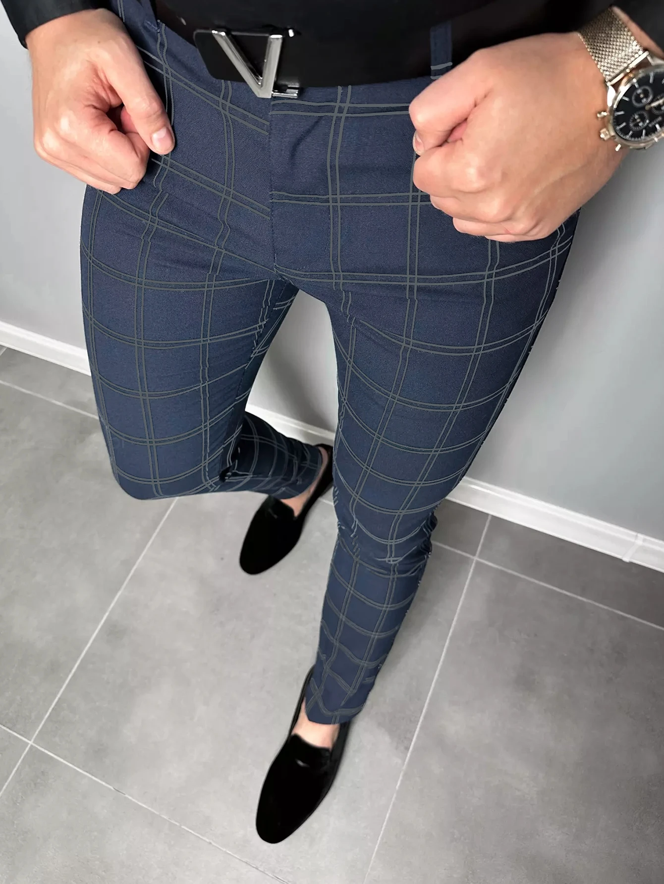 Color: black, Size: XXXL - Checkered Fashion Europe and the United States Style Men's Pants Business Casual Travel Slim Pants Comfortable and Versatile