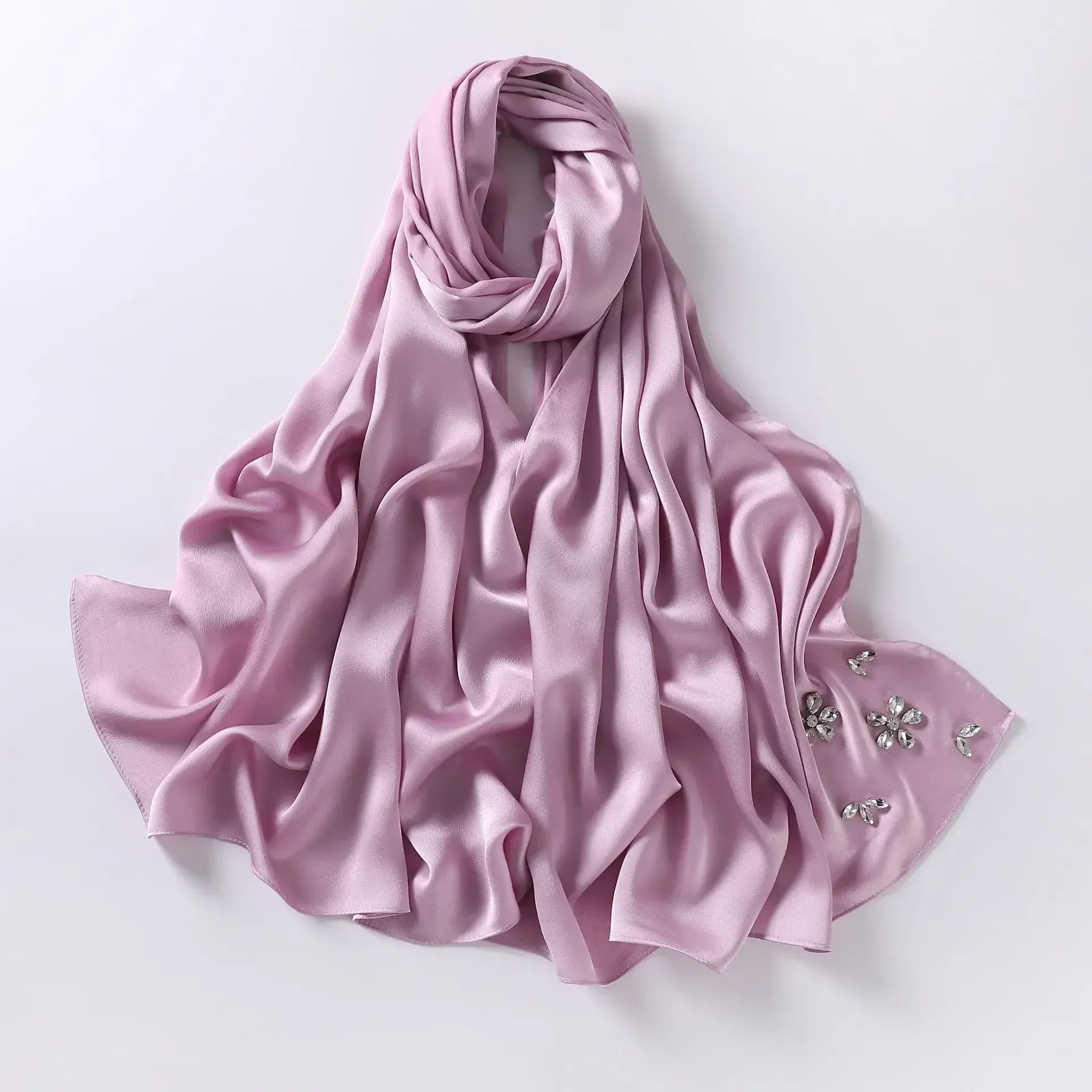 Color: Light Coffee - New Designers Diamonds Satin Hijab Chiffon Scarf Women Luxury Silk Scarves Woman Turban Silk Scarfs for Women Bandana Headband