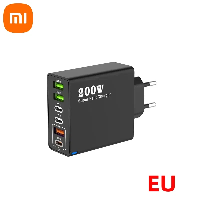 Plug Type: EU - Xiaomi 200W Super Fast Charging 6 Port USB C Charger PD3.0 USB C Type C Mobile Phone Charger For iPhone 16 Samsung Xiaomi ipad