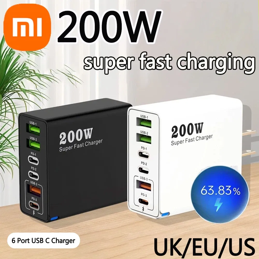 Plug Type: EU - Xiaomi 200W Super Fast Charging 6 Port USB C Charger PD3.0 USB C Type C Mobile Phone Charger For iPhone 16 Samsung Xiaomi ipad