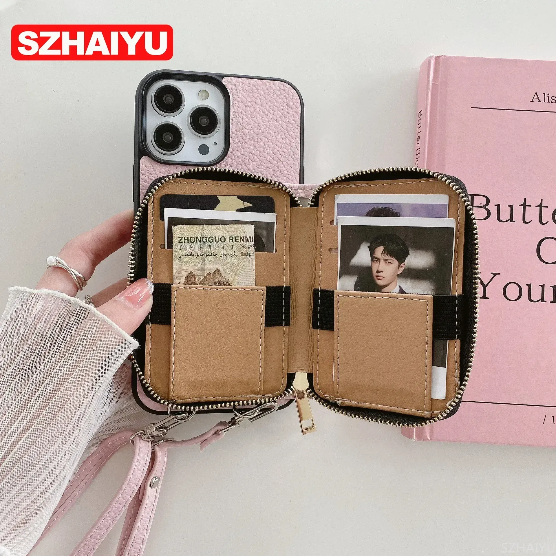 Material: Plastic, Color: black - Zipper Wallet Phone Case For iPhone 16 15 14 13 12 Mini 11 Pro XS Max X Plus Card Slot Holder Crossbody Lanyard Leather Cover