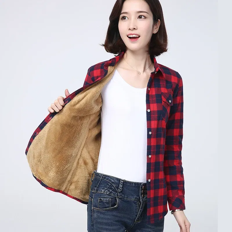 Color: Gold, Size: XL - 2025 Winter New Women's Warm Plaid Shirt Coat Casual Fleece Velvet Plus Thicke Jacket Tops College Style Woman Clothes Outerwear