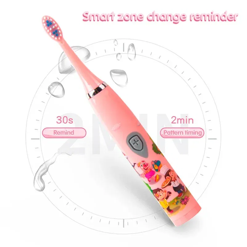 Color: GRAY - Sonic Children Electric Toothbrush Colorful Cartoon Cute Pattern Ultrasonic Rechargeable Soft Hair Smart Brush Oral Cleaning