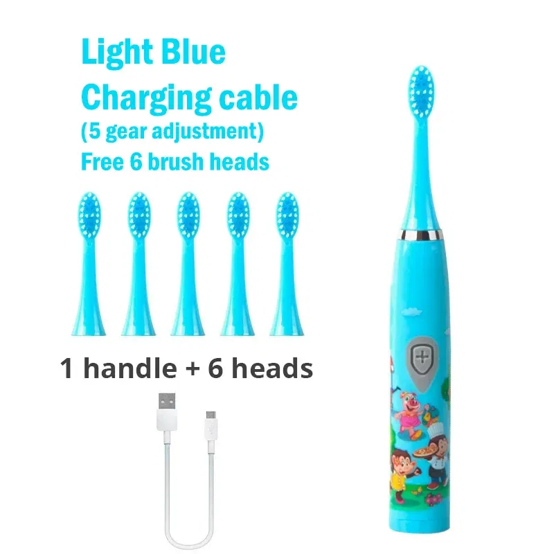 Color: GRAY - Sonic Children Electric Toothbrush Colorful Cartoon Cute Pattern Ultrasonic Rechargeable Soft Hair Smart Brush Oral Cleaning