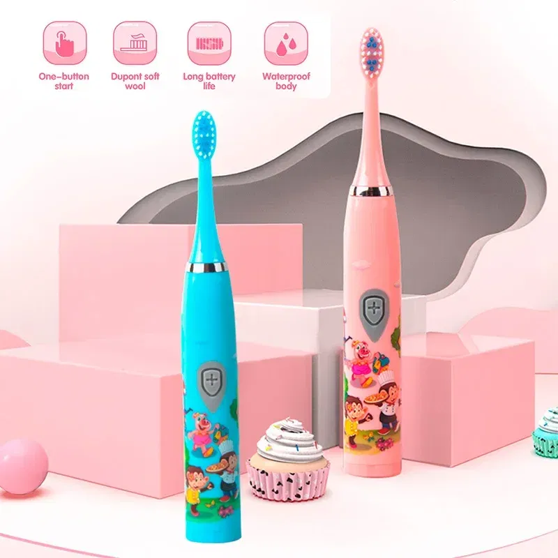 Color: GRAY - Sonic Children Electric Toothbrush Colorful Cartoon Cute Pattern Ultrasonic Rechargeable Soft Hair Smart Brush Oral Cleaning