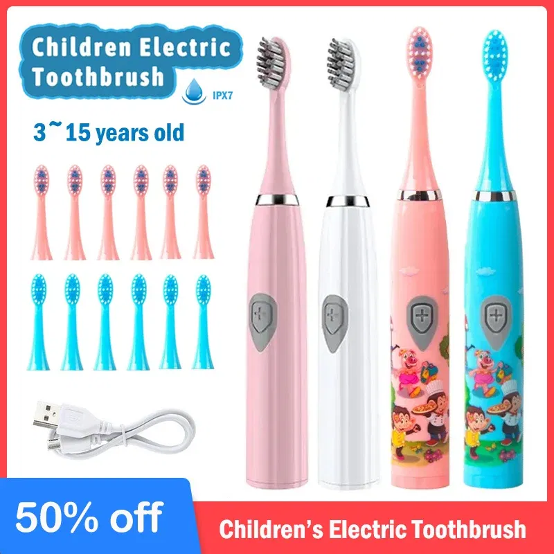 Color: GRAY - Sonic Children Electric Toothbrush Colorful Cartoon Cute Pattern Ultrasonic Rechargeable Soft Hair Smart Brush Oral Cleaning