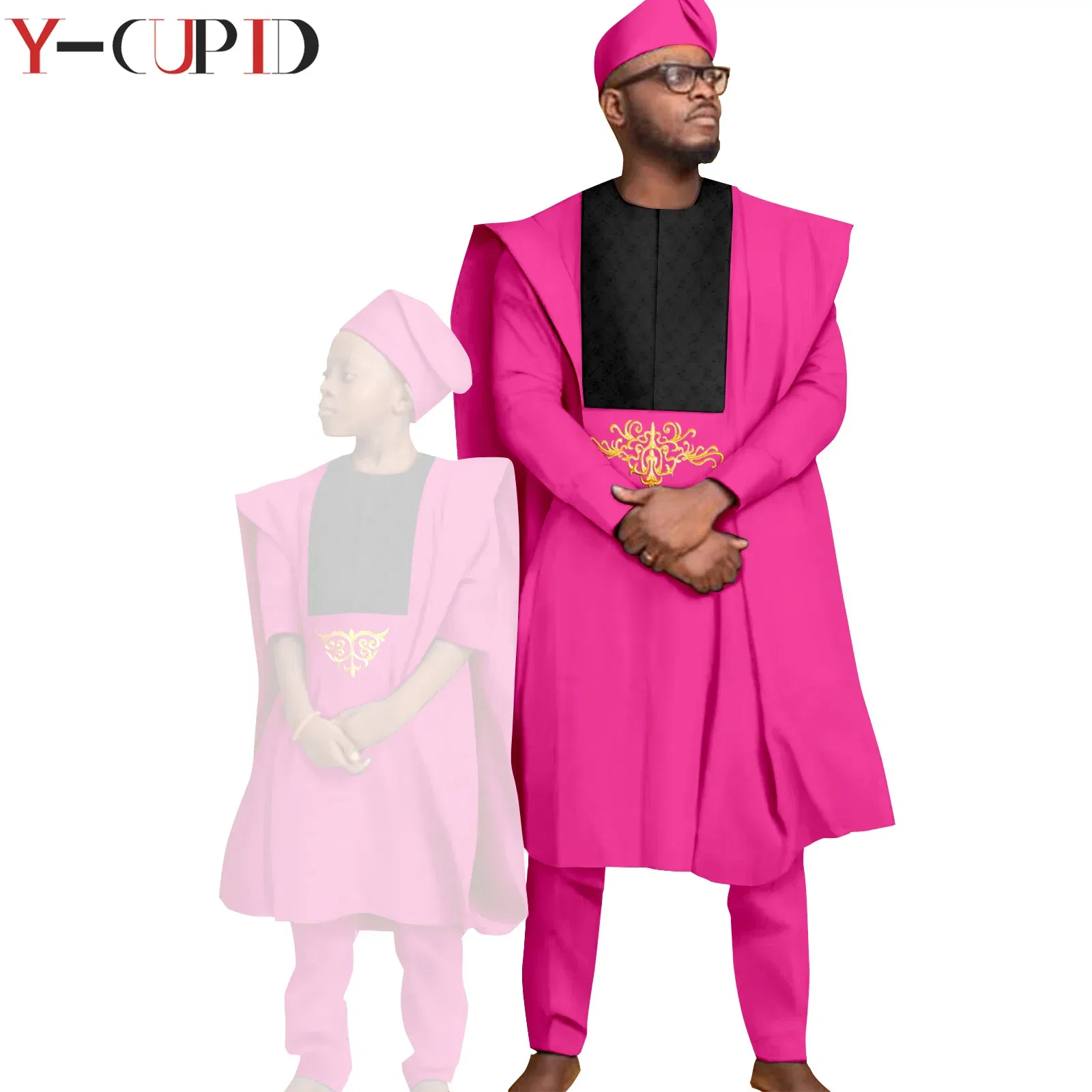 Color: green, Size: Mother 5XL - African Clothes for Men Top Pants Robes Hat Sets Match Kid Boy Sets Dashiki Father and Son Bazin Riche Family Outfits Y20F001