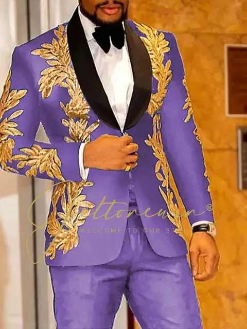 Color: Lavender, Size: One Size - Luxury Groom Wedding Tuxedos Gold Sequins Appliques Black Men Suits Slim Fit Costume Homme Marriage Prom Suits