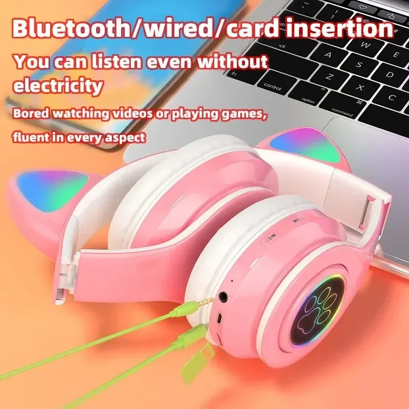 Color: Pink - Cute Cat Wireless Headphones RGB Cute Cat Ears Headset With Microphone Noise Cancelling Kid Stereo Music Children's Gifts