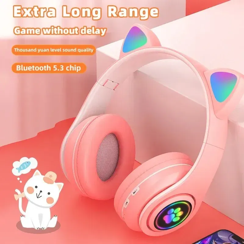 Color: Pink - Cute Cat Wireless Headphones RGB Cute Cat Ears Headset With Microphone Noise Cancelling Kid Stereo Music Children's Gifts