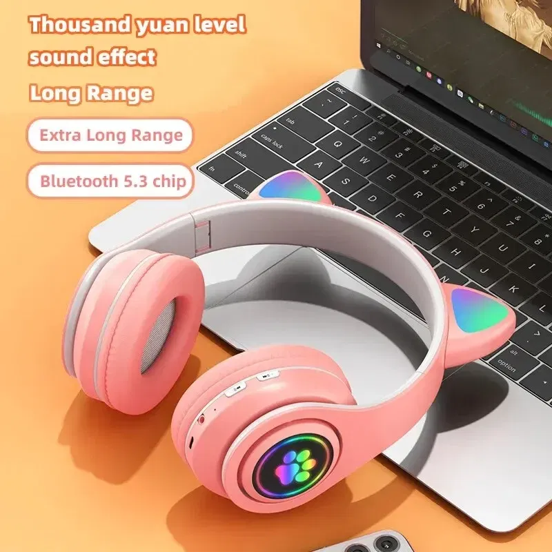 Color: Pink - Cute Cat Wireless Headphones RGB Cute Cat Ears Headset With Microphone Noise Cancelling Kid Stereo Music Children's Gifts