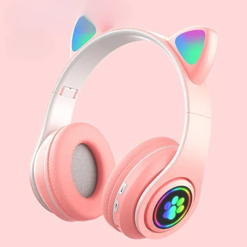 Color: Pink - Cute Cat Wireless Headphones RGB Cute Cat Ears Headset With Microphone Noise Cancelling Kid Stereo Music Children's Gifts