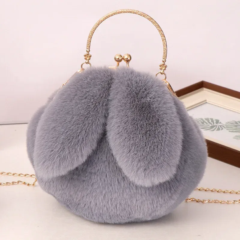 Color: Khaki - Adorable Rabbit Ears Fluffy Crossbody Bag Women Stylish Chain Shoulder Handbag New