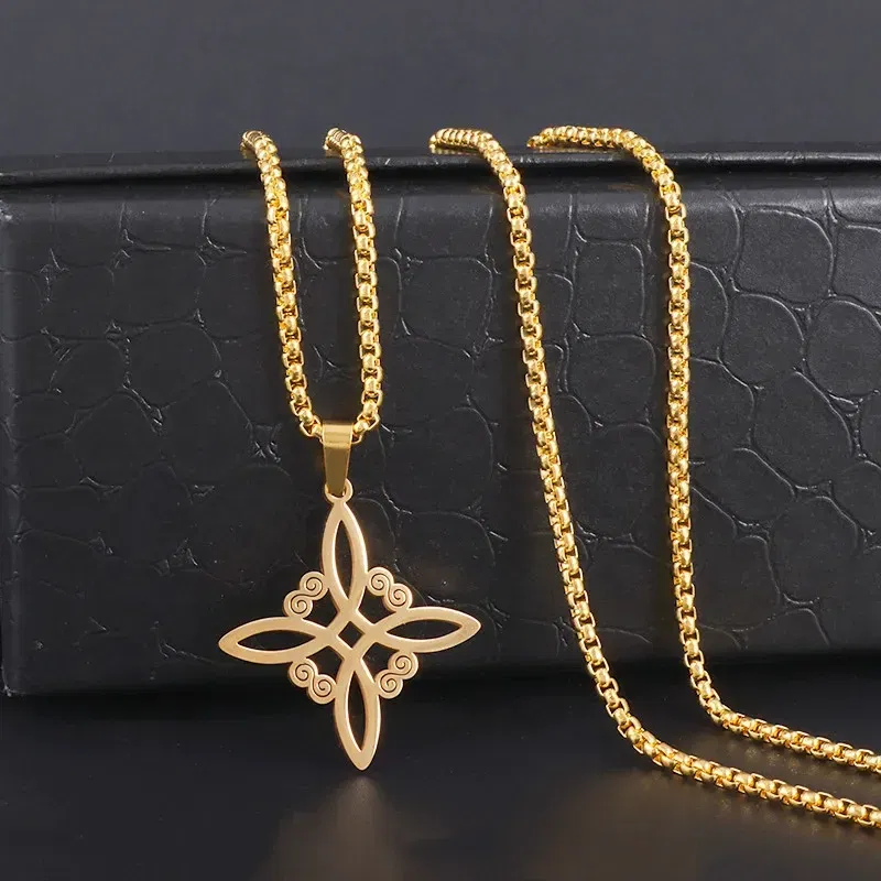 Metal color: GRAY - Witch Knot Cuff Stainless Steel Pagan Witchcraft Symbols Magic Knot Women\'s Good Luck Amulet Bracelet Celtic Knot Bracelet