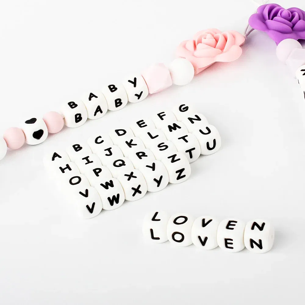 Color: Blue - 10pcs 12mm Baby Silicone Letters Beads for Pacifier Clips Alphabet Bead Baby Chew Teething Teether Nursing Children Gifts 100Pcs