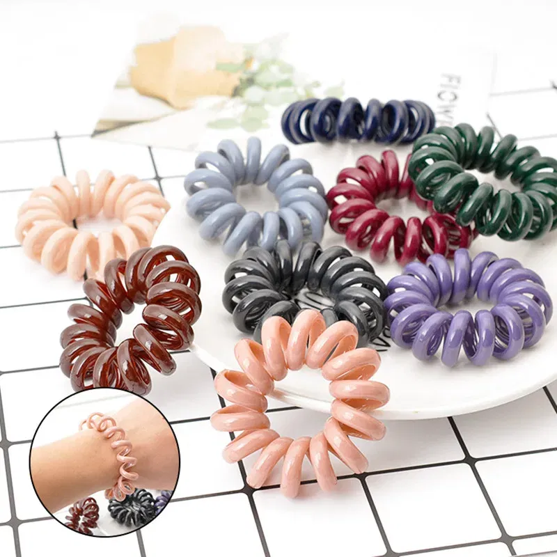 Color: Red - High Elasticity Telephone Coil Hairbands Women Spiral Hair Ties Girl Hair Ring Rope Solid Color Hair Accessories Ponytail Holder