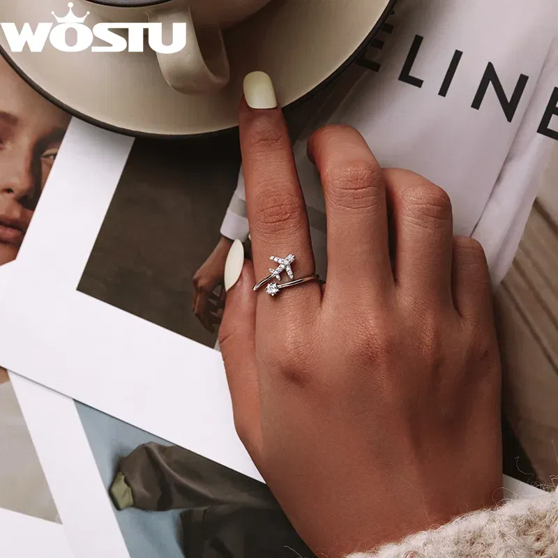 Gem Color: silver, Ships From: CHINA - WOSTU Real 925 Sterling Silver Open Ring Finger Adjustable Size Wedding Rings For Women Engagement Fashion Silver Jewelry Gift