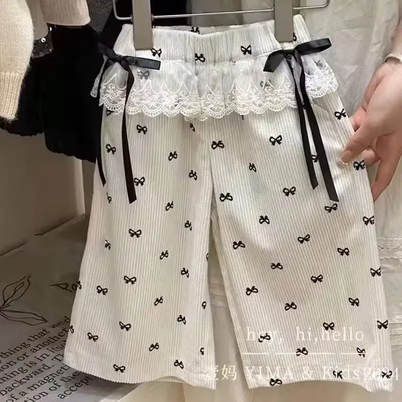 Color: Beige, Kid Size: 2T - New Girls Bow Print Pants Spring Kids Wide-leg Trousers Fashion Elastic Loose Pants Autumn Children Bowknot Trousers 2-8 Years