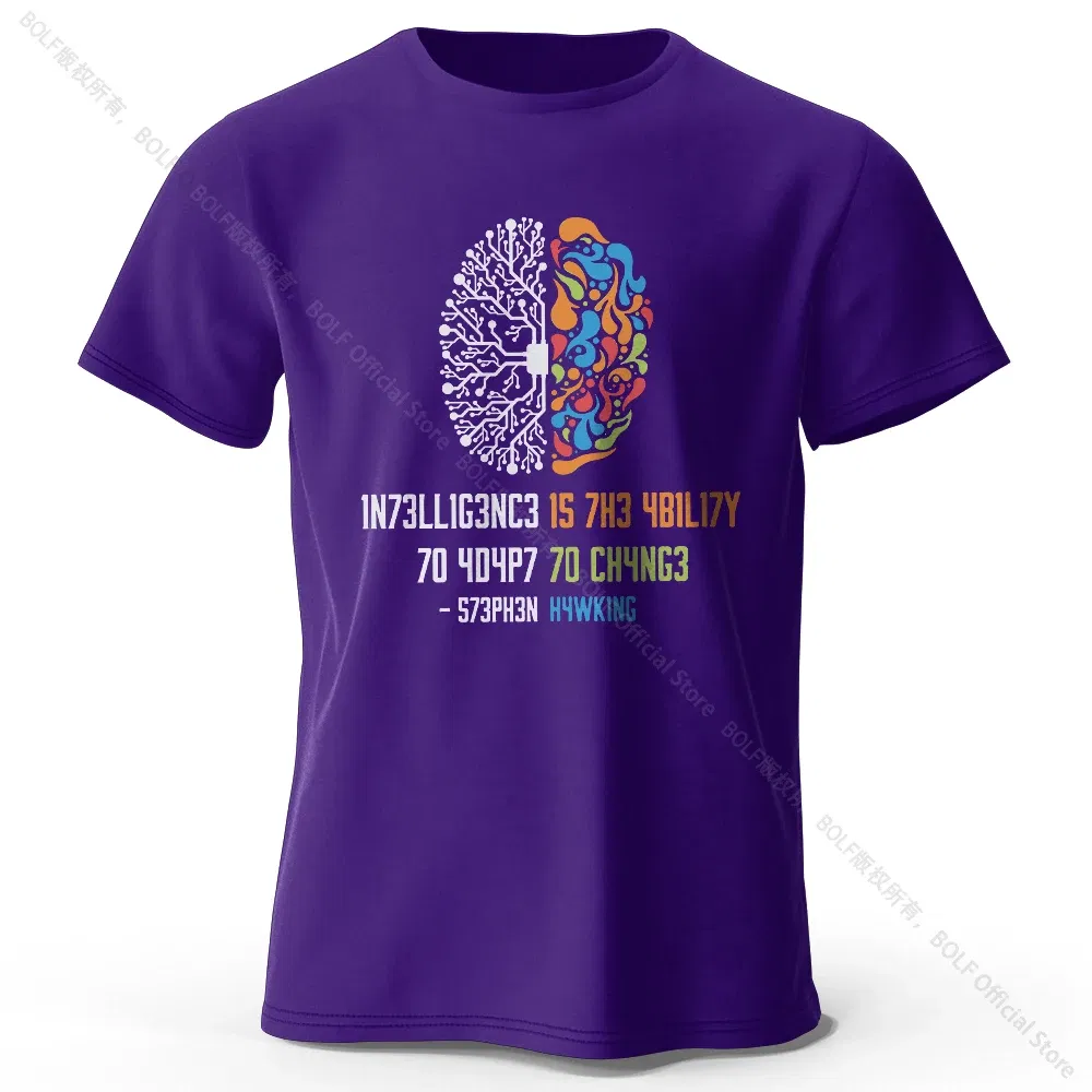 Color: PURPLE, Size: M - Funny Brain Power Printed 100% Cotton T-Shirt, Soft & Breathable Round Neck Short Sleeve Tee, Unisex Quirky Style