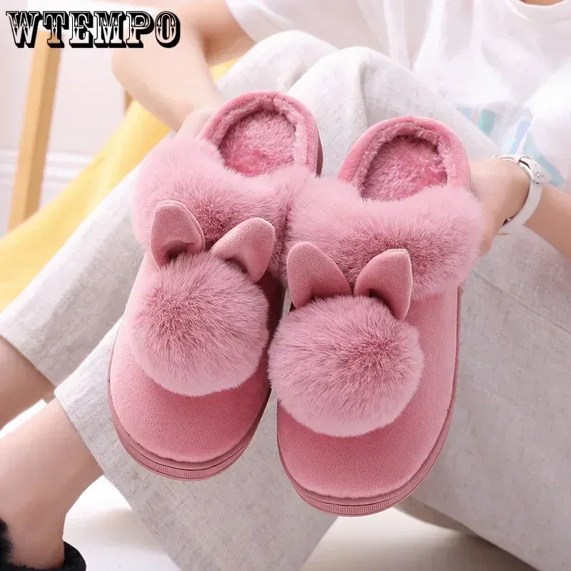 Color: Black, Shoe Size: 3 - WTEMPO Fluffy House Shoes Women Winter Warm Slippers Cute Rabbit Ears Female Furry Plush Slippers Home Indoor Ladies Soft Shoes
