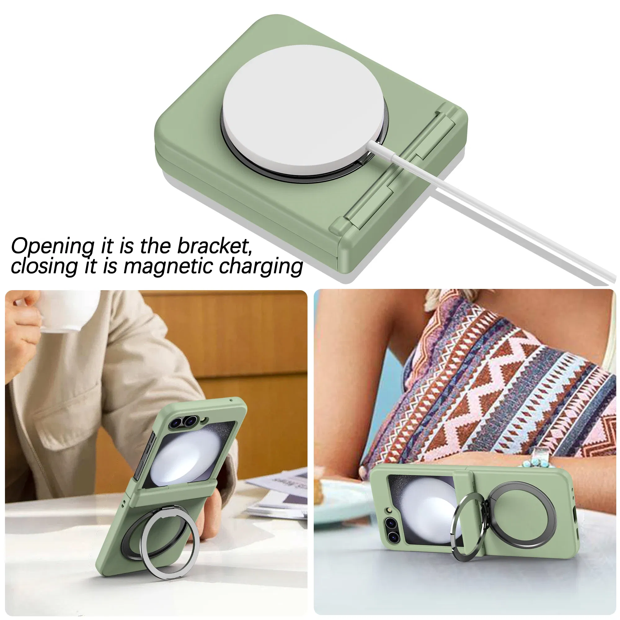 Color: Black, Material: ABS - 360?° Rotating Holder Phone case For Samsung Galaxy Z Flip 5 Magsafe Wireless charge 360 Degree Ring Magnetic stand Phone Cover