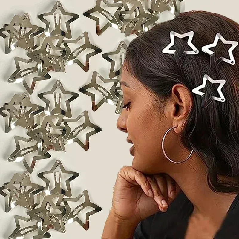 Color: Yellow - 10/25/50/100/200pcs Sliver Y2K Star BB Hair Clips for Girl Metal Snap Hairpins Barrettes Women Filigree Styling Hair Accessorie