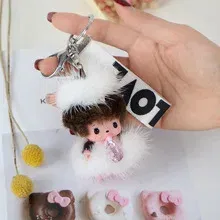 Color: Dark Khaki, Ships From: CHINA - New creative mink hair Monchi key chain figure car pendant plush toy cartoon doll webbing