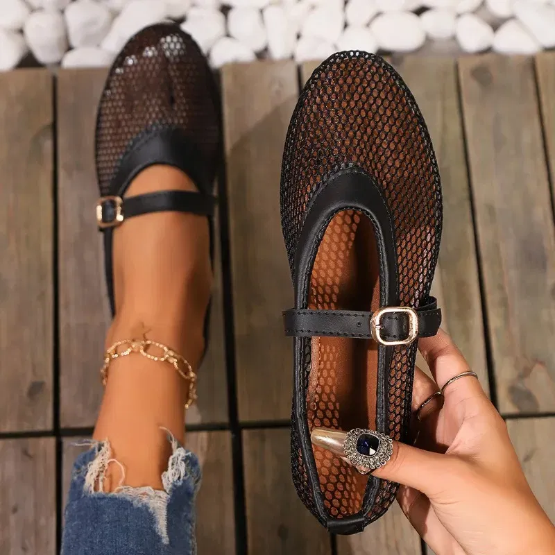 Color: WHITE, Shoe Size: 39 - Round head one buckle strap ballet shoes women's soft bottom flat hollow Mary Jane single fishing net shoes