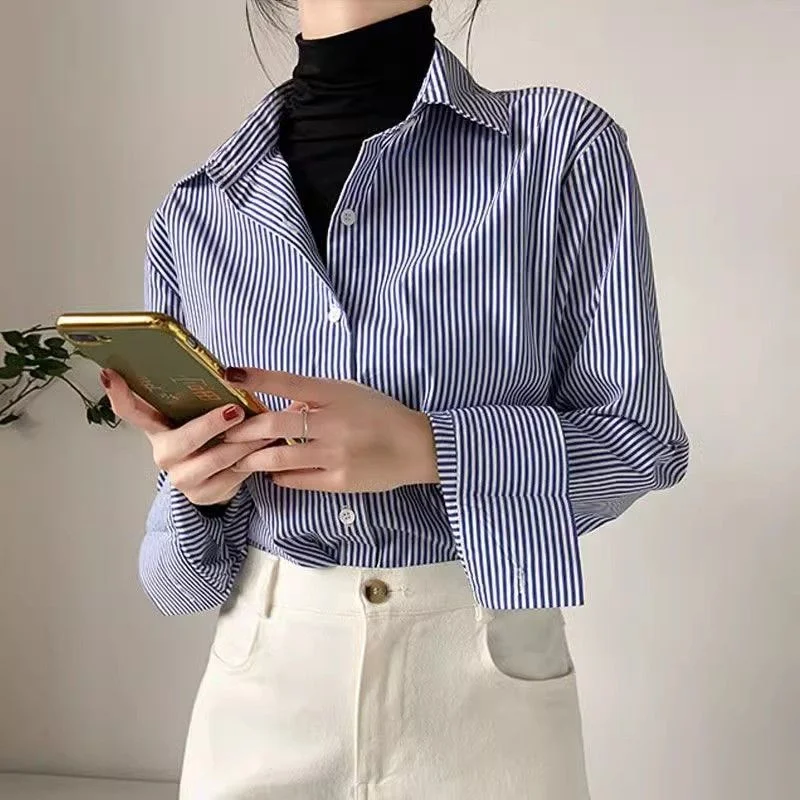 Color: Blue, Size: S - Classic Striped Woman Spring Autumn Blouses Shirt Lady Long Lantern Sleeve Stand Collar Loose Blusas Tops