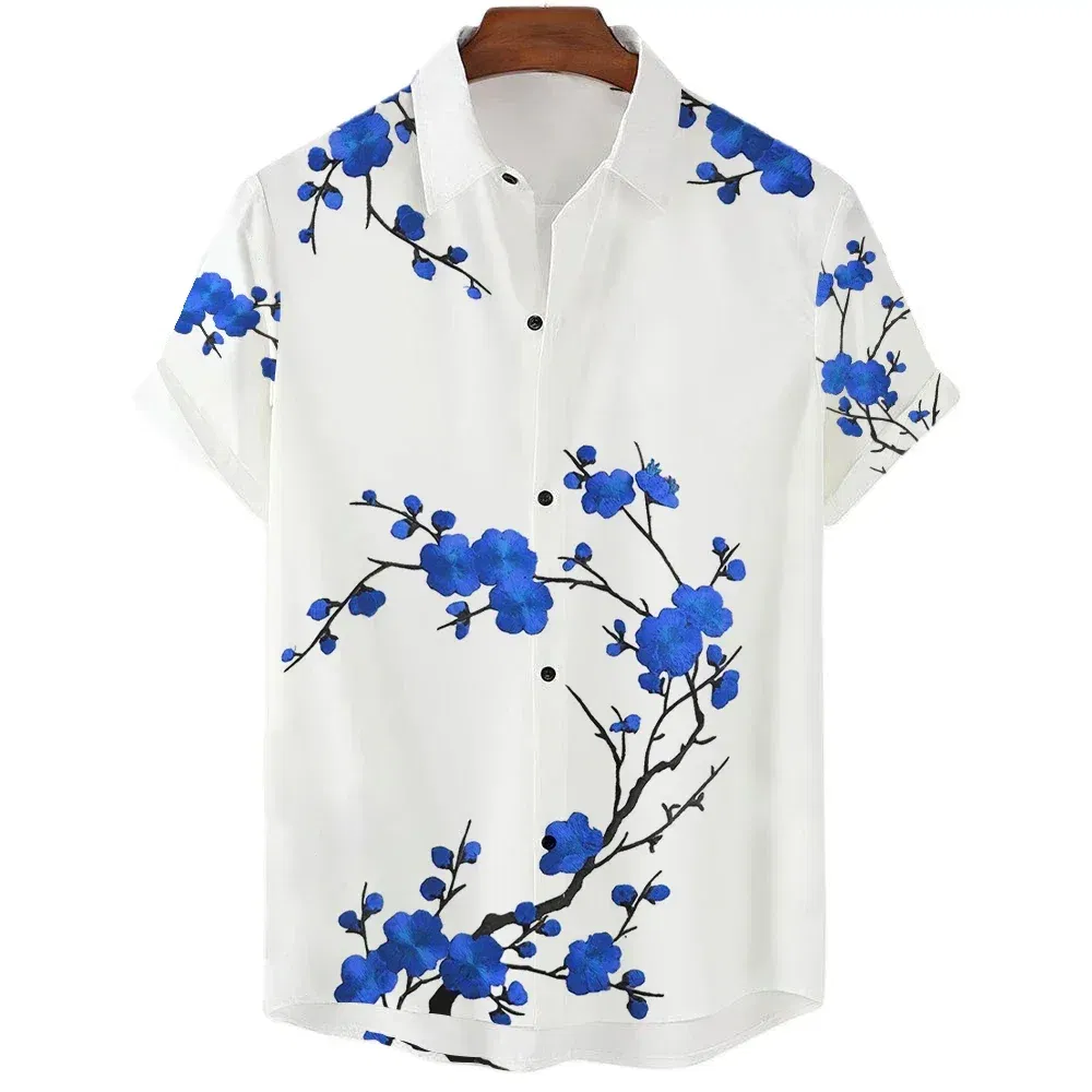 Color: Beige, Size: XXL - Fashionable Luxury Social men's Shirt Lapel button-down Shirt Casual Japanese Aesthetic Cherry Blossom Print short-sleeved Tops