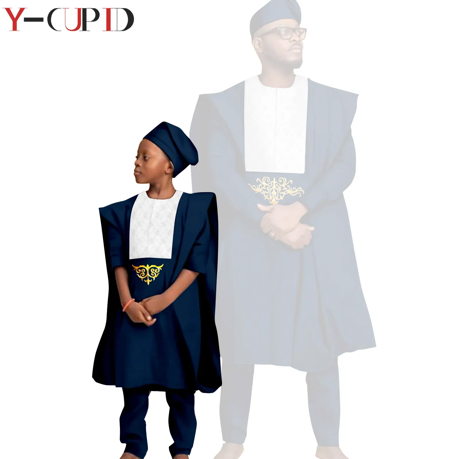 Color: army green, Size: Mother 4XL - African Clothes for Men Top Pants Robes Hat Sets Match Kid Boy Sets Dashiki Father and Son Bazin Riche Family Outfits Y20F001