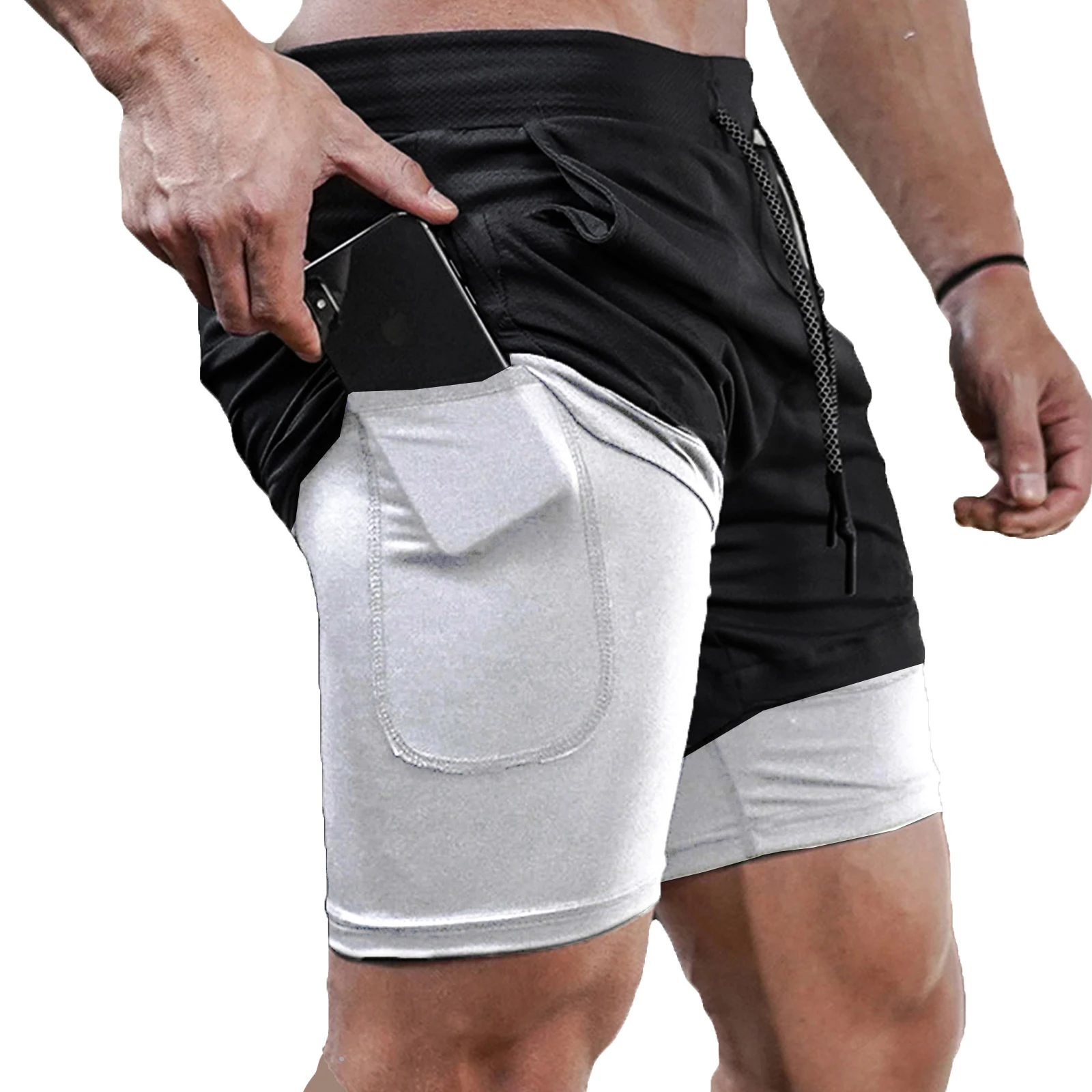 Color: black, Size: L - Men's Double Layer Fitness Shorts Drawstring Mesh Lining Elastic Waist Breathable Quick Dry to Beach Pool Summer Male